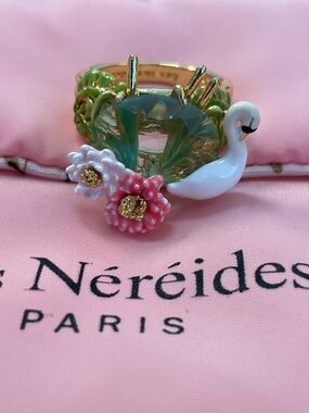 Les Néréides Paris Swan Ring Green Crystal Enamel Floral | French Romantic State